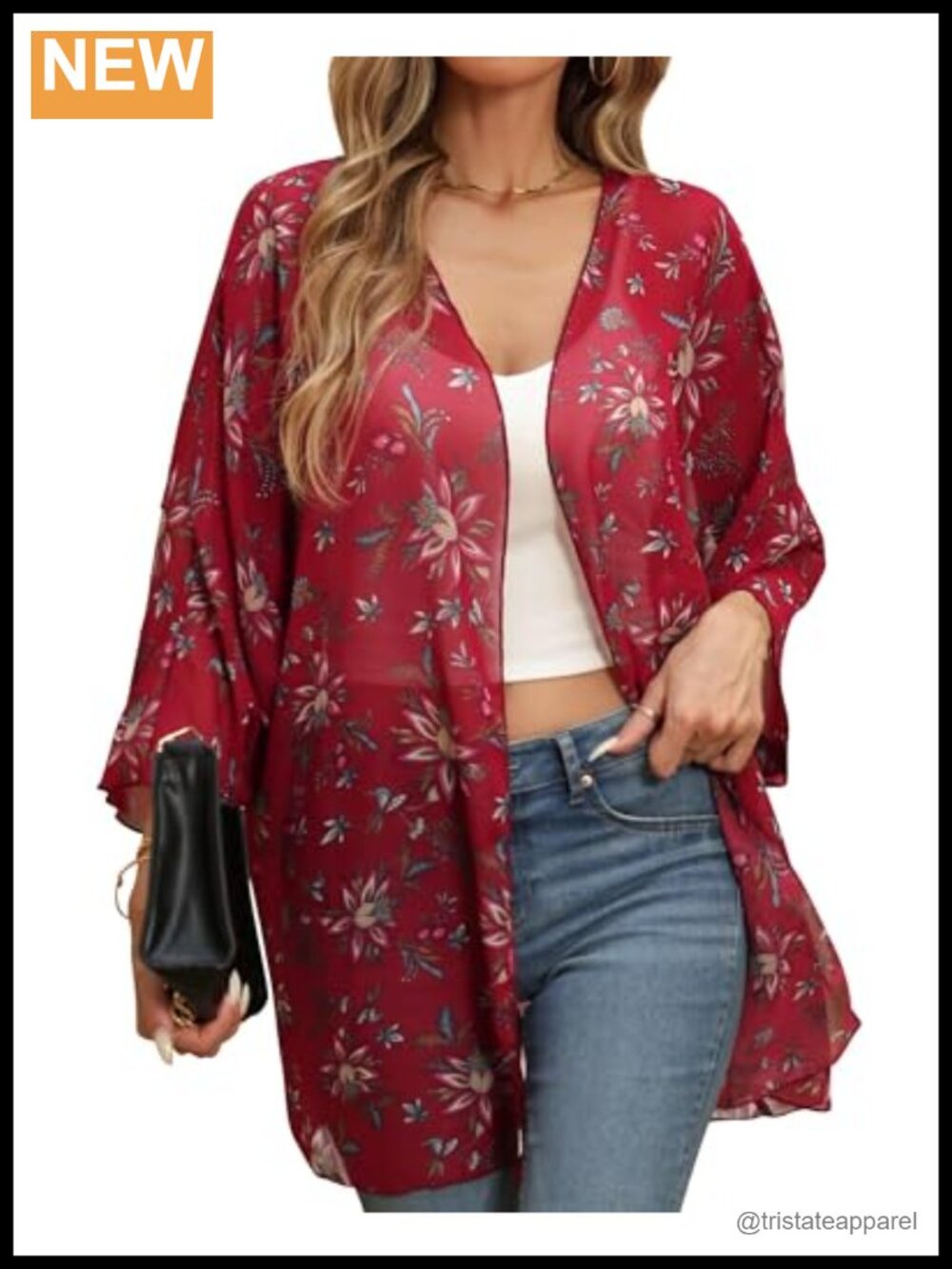 Women's 3/4 Sleeve Chiffon Kimono Cardigan Floral Print Loose Cover Up